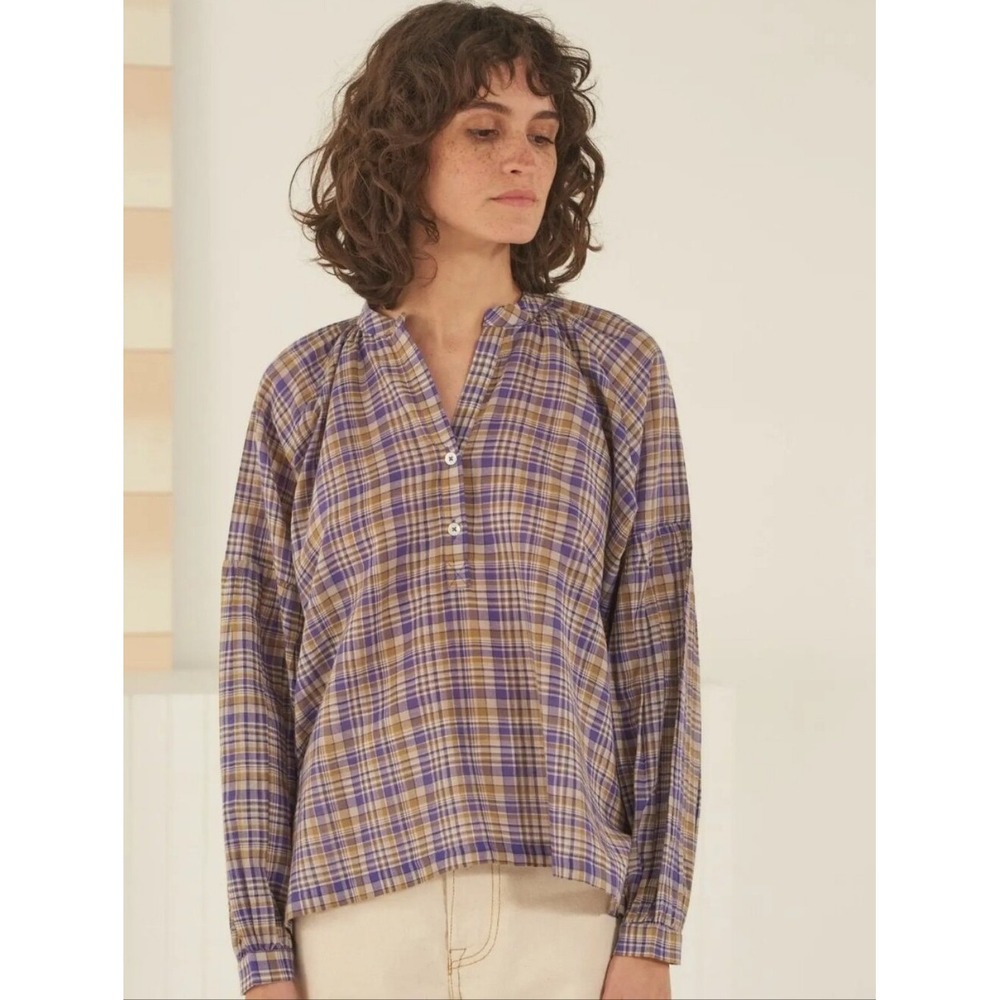 Moismont Plaid Puff Sleeve Blouse Womens T1 Purple Tan French Style